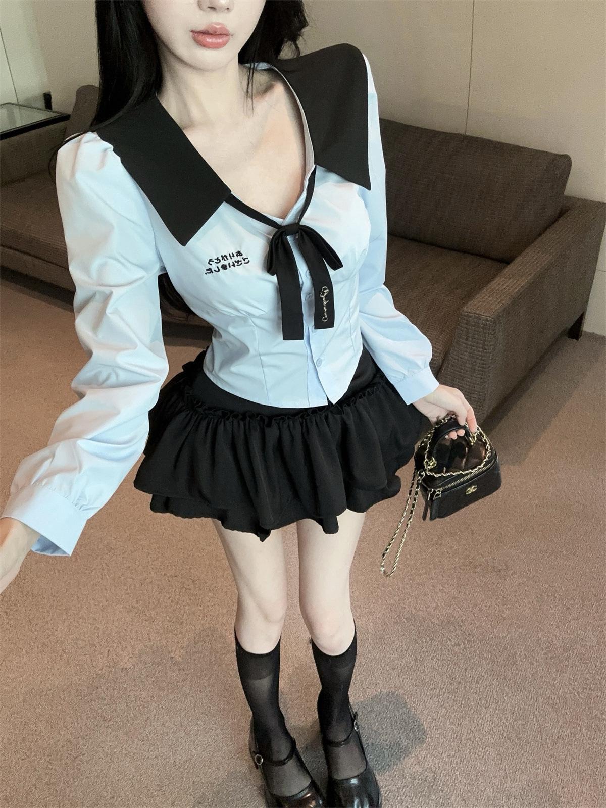 

Preppy Style JK Uniform Two-Piece: Long Sleeve Shirt with Bow Tie & High Waist Skirt M