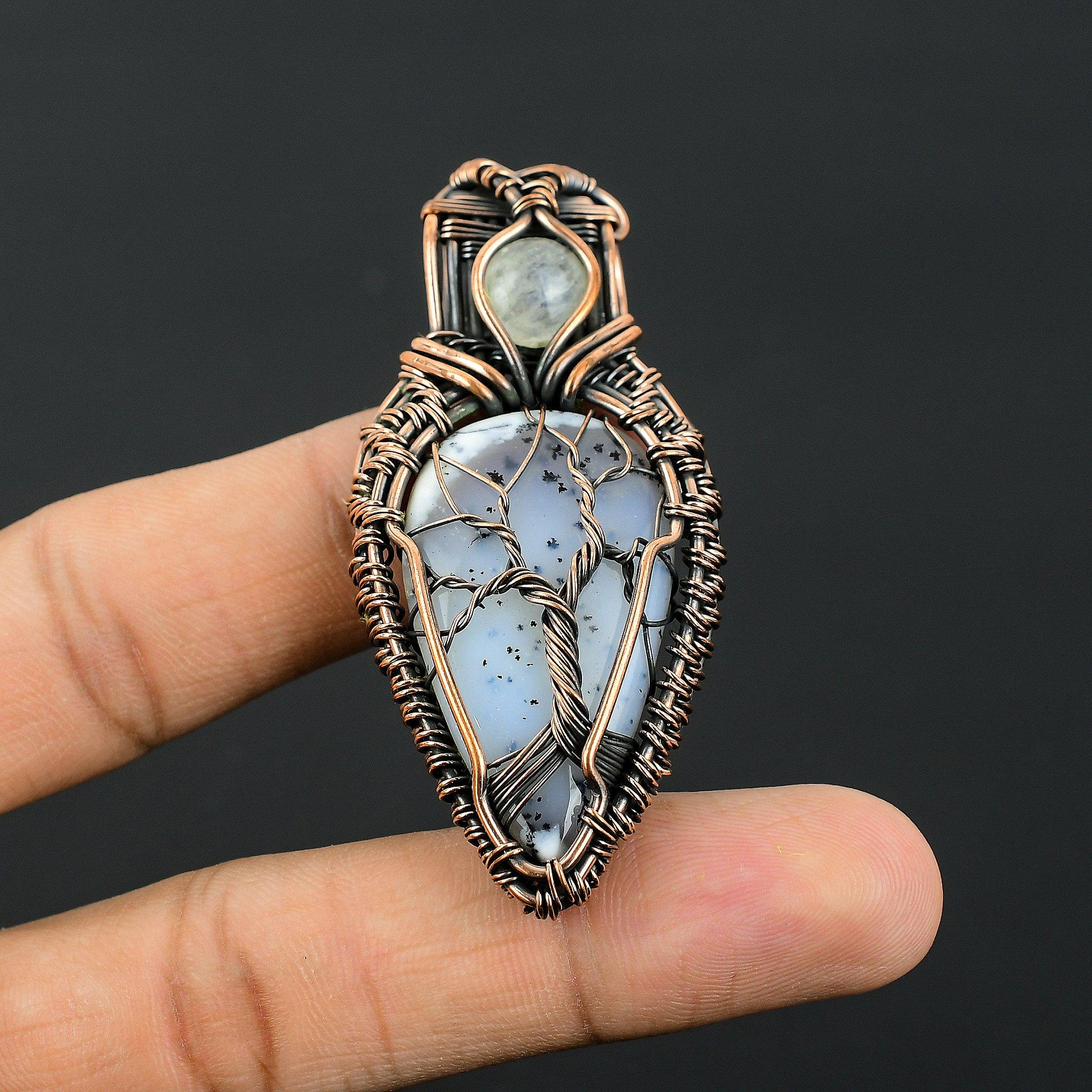 

Tree Of Life Dendrite Opal & Rainbow Moonstone Gemstone Jewelry, 999 Copper Wire Wrapped Pendant, Gift For Women Handmade Pendant 2.55 Inches