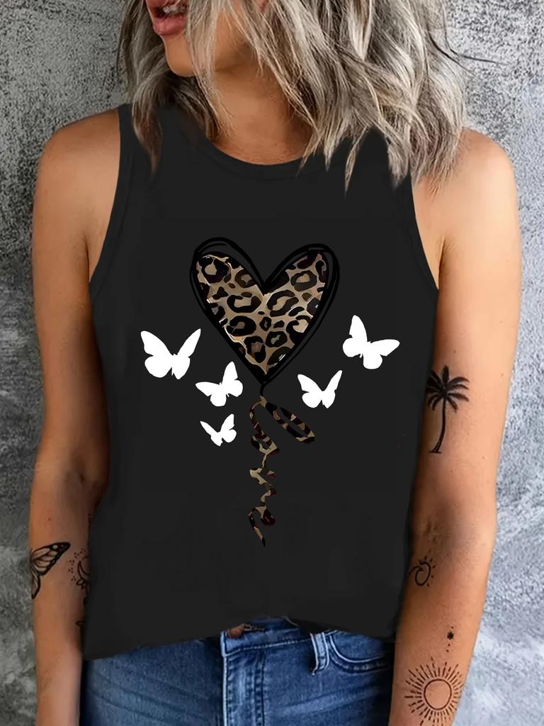 Leoparden-Liebes-Print mit Schmetterlings-Print T-Shirt Weste Grafik Tanktop Damen Ärmellos Rundhals Lässiges Oberteil Sommer Frühling