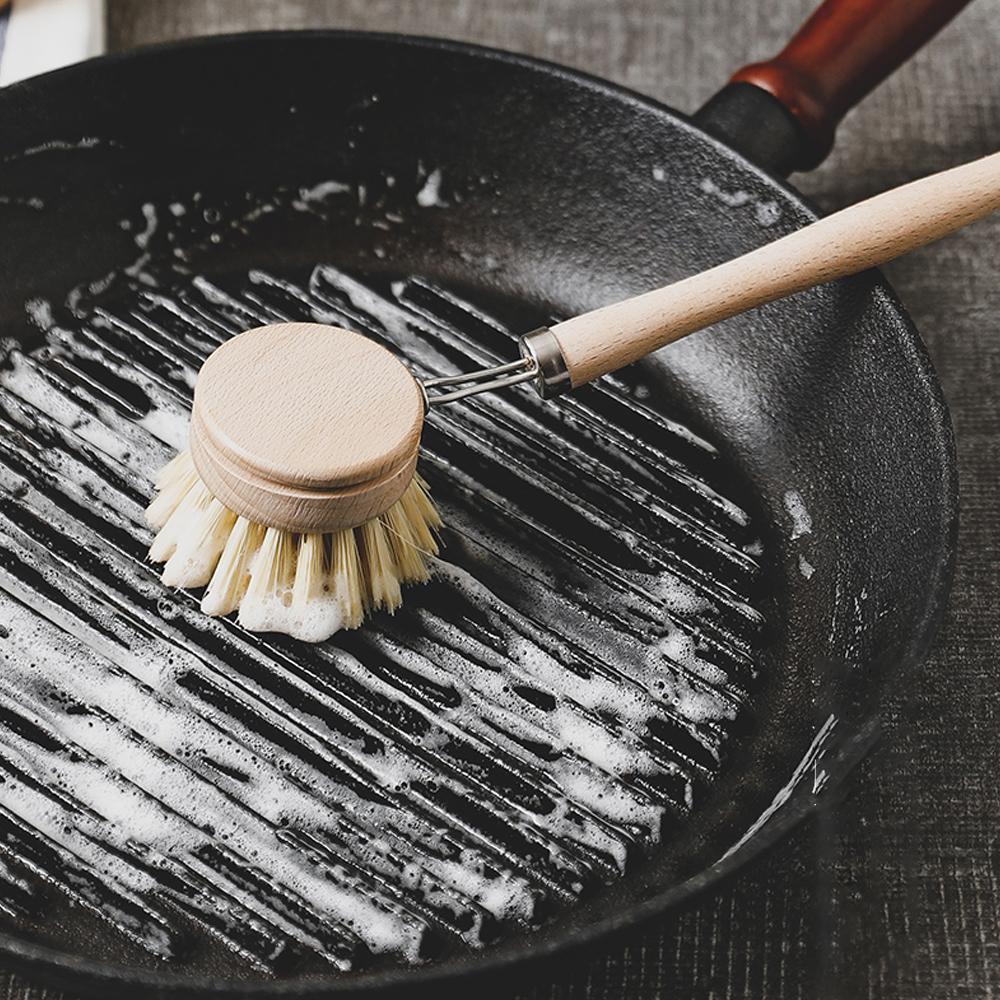 Kitchen Dish Brush Set Wooden Long Handle Pan Brush with 4 Replacement Brush Head kitchen scrubbing brush Pans Pot Brushing Tool