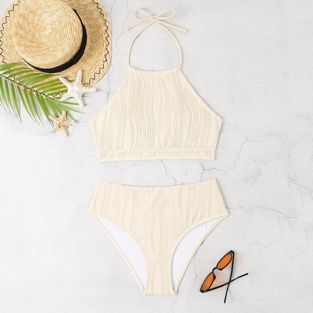 2024 European & American Solid Color High Waist Split Bikini Swimsuit for Women