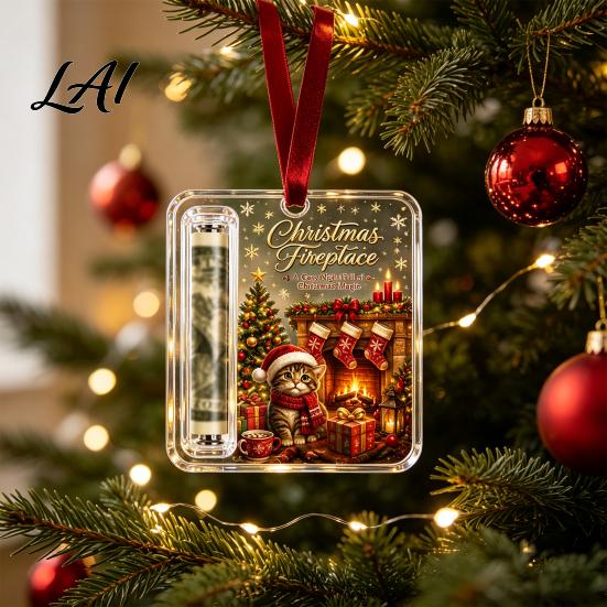 Holiday Cash Holder Christmas Gift Ornament Acrylic Angel Santa Cat Money Clear for Xmas Tree Party Hanging Decoration with Lanyard