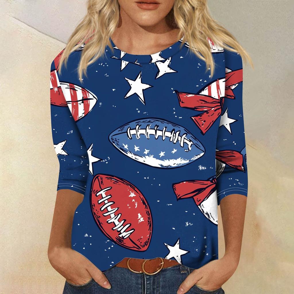 Dames Mode Casual Zeven Mouwen Onafhankelijkheidsdag Bedrukt Rond Hals T-shirt Top