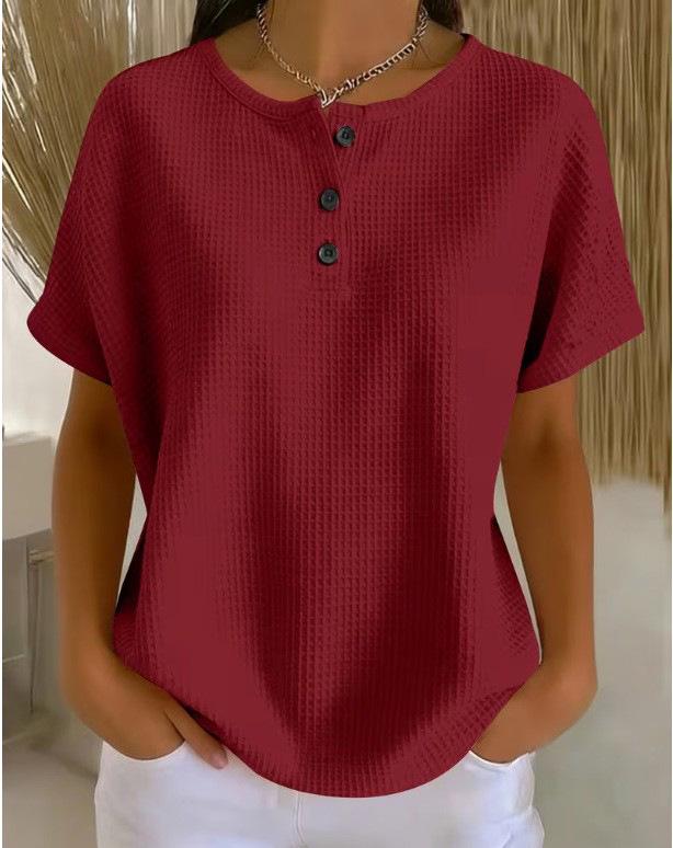 

Plus Size Women s Solid Round Neck Short Sleeve Casual Top with Button Detail 4XL вина червоного кольору
