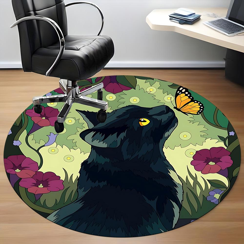 1pc Black Cat Pattern Carpet, Round Non Slip Durable Large Size Office Carpet, Suitable for Office