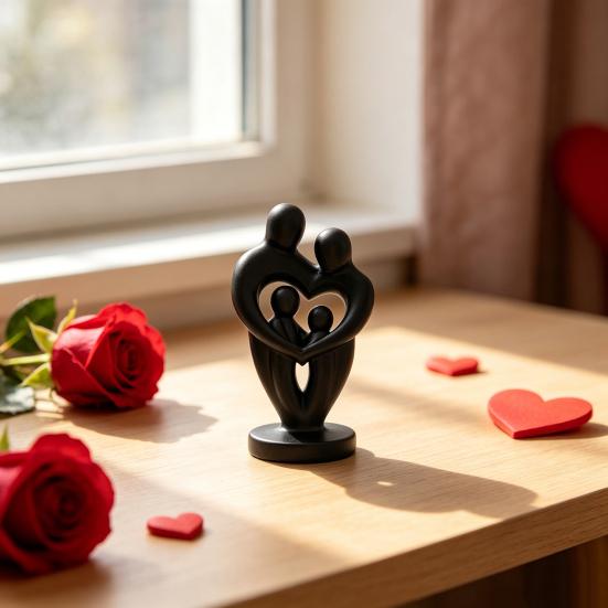 Abstract Woman Statue, Matte Black Resin Art Sculpture, Family of Four Hollow Love Shape Statue for Modern Minimalist Home Decor