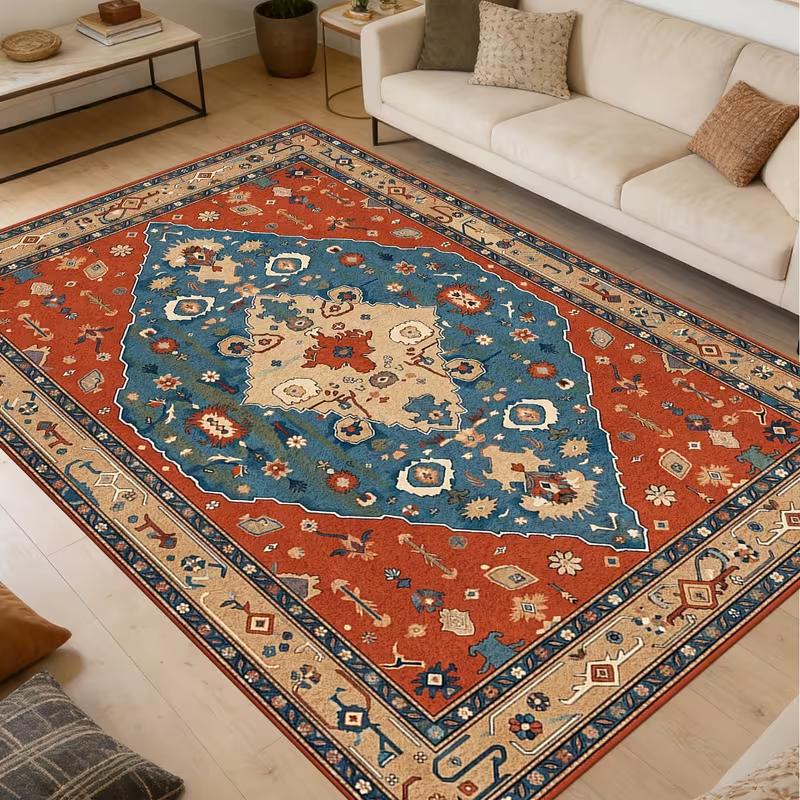 Vintage Persian Oriental Area Rug Red Blue Ethnic Floral Border Print Soft Floor Mat Traditional Bohemian Carpet For Living Room