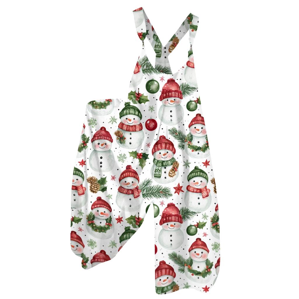 Women's Summer Suspender Jumpsuit with Retro Christmas Print and Non-Adjustable Straps
