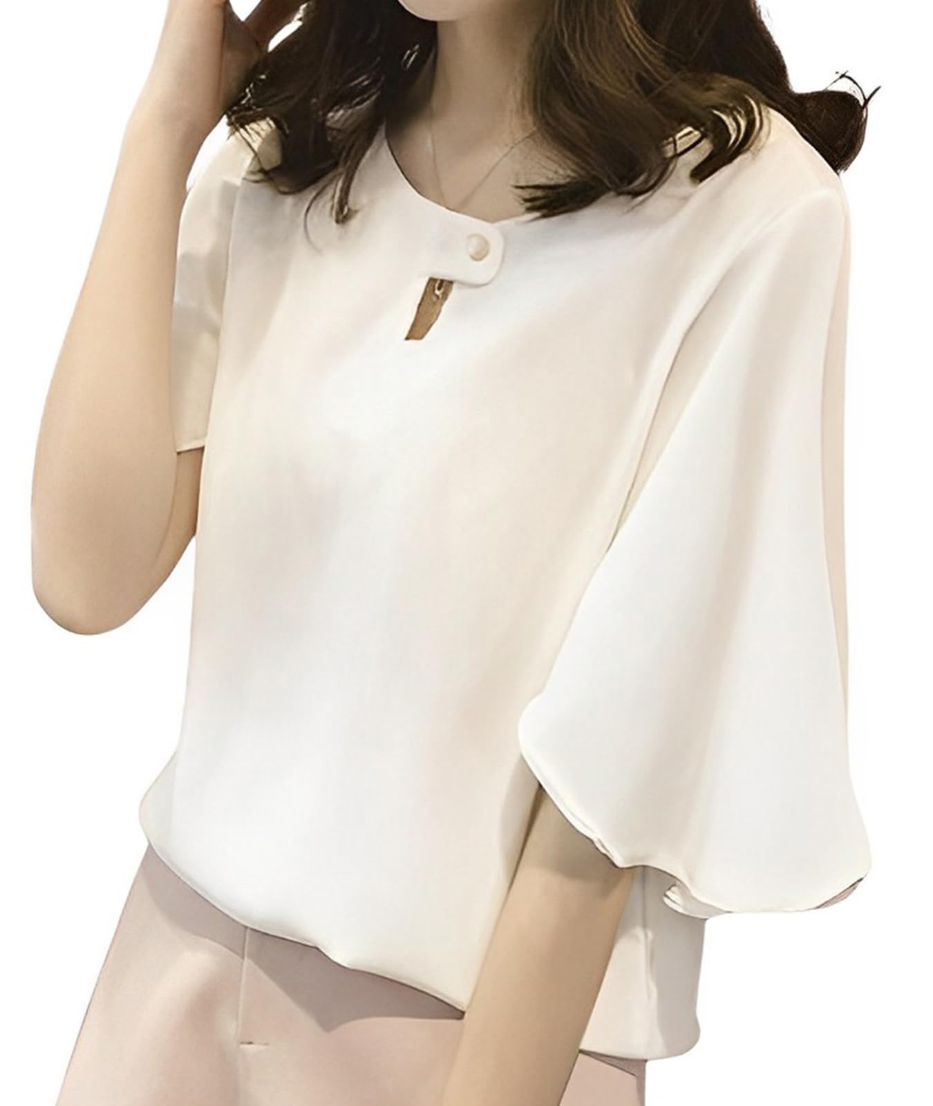 

Блузка Широкий рукав Шифон Топ с коротким рукавом Взрослый Элегантный Летний Формальный Вечеринка Церемония Большой Свободный Крой Красивый Мягкий Расклешенный Деловой Офисный Стильный Милый белый