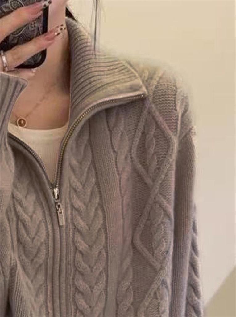Autumn/Winter 2026 Women's Double Zipper Stand Collar Cable Knit Cardigan Jacket