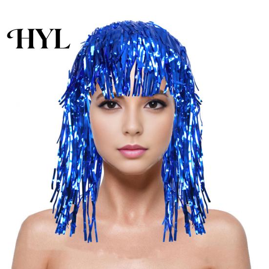 Party Accessory Foil Tinsel Wigs for Adults Fancy Dress Shiny Wig Glow Metallic Masquerade Disco Hat Photo Booth Prop Cosplay Supplies Long-Lasting