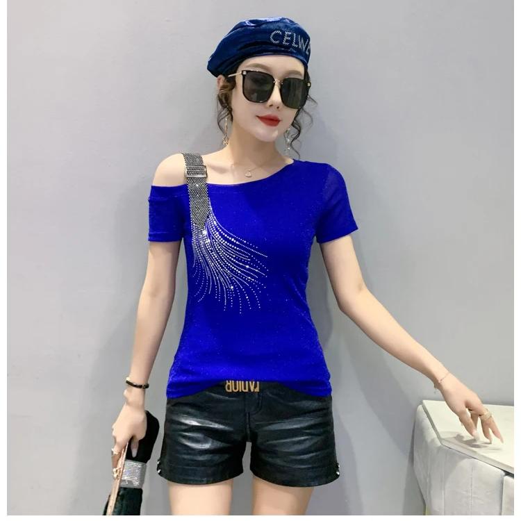 Summer Fashion European Female Clothes T-Shirt Sexy Off Shoulder Shiny Diamonds Mesh Women Tops All Match Tees Blouse