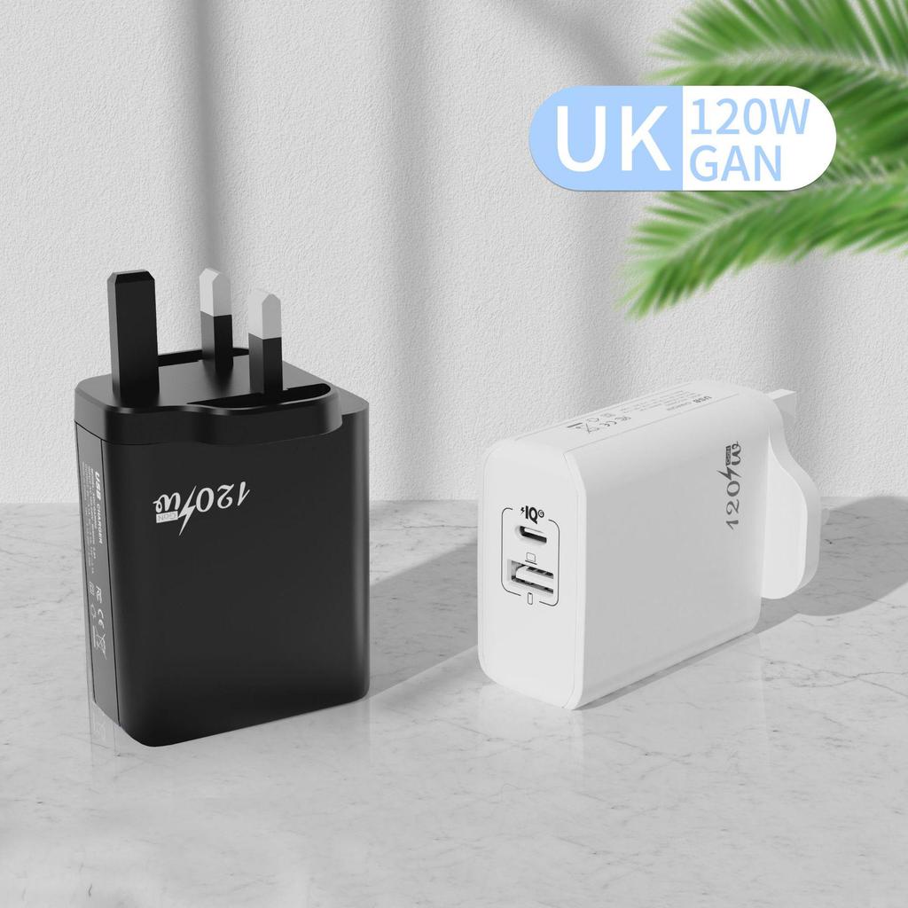 120W GaN Charger with A+C Ports, 65W Output, EU/US/UK Plug for Mobile Devices
