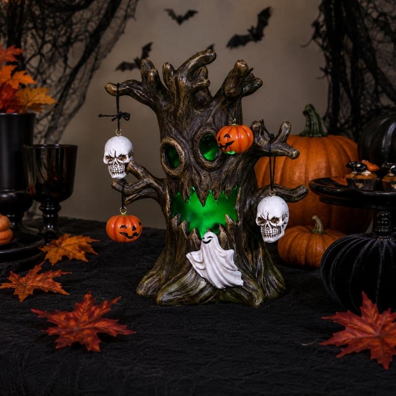 Open Center Halloween Resin Figure with Interior Light, Freestanding Piece for Shelf Table Home and Office Holiday Use in Seasonal Styling