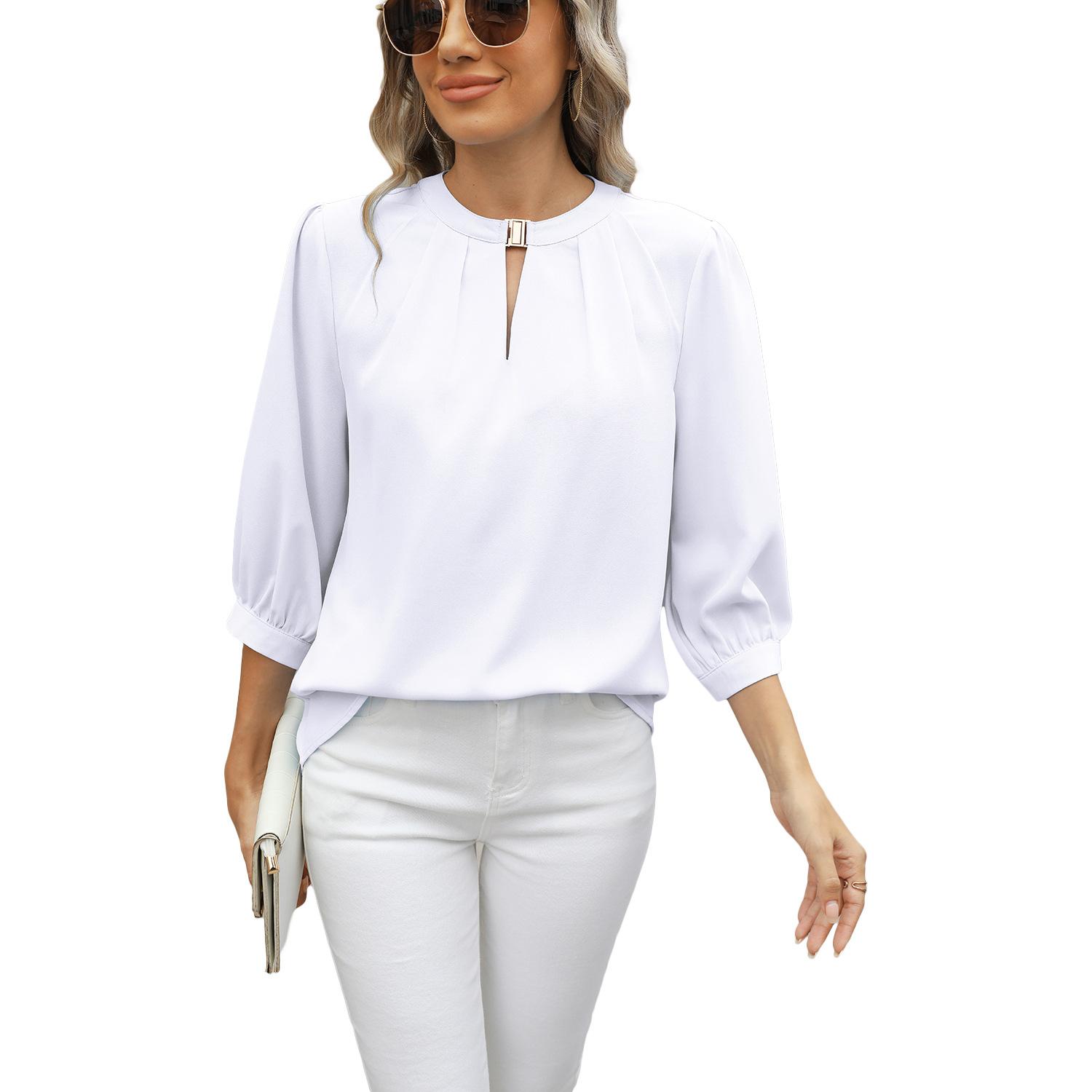 Women s Clothing 2026 Spring/Summer New Keyhole V-Neck Three-Quarter Sleeve Loose Chiffon Blouse for Women S белый