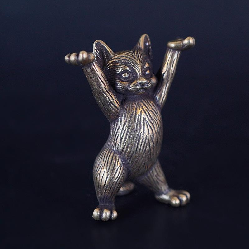 1 Pièce Figurines Animales en Laiton Métal Statue de Chat Kung Fu Dessin Animé Cuivre Antique Ornements de Bureau Miniatures Décoration de Maison