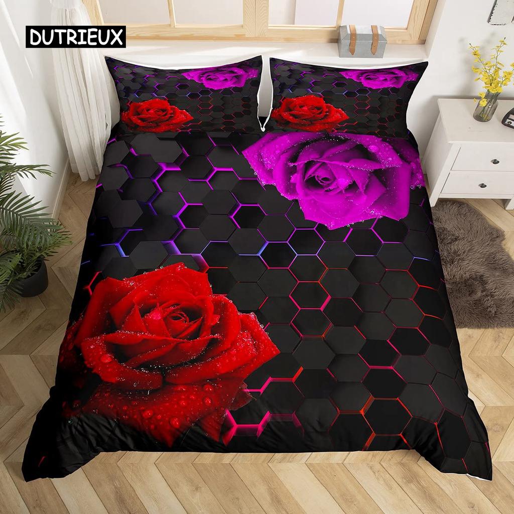 Honeycomb Duvet Cover Set Queen Size Geometry Hexagon Theme with Pink Blue Neon Lights Chic Comforter Cover for Boys Teen Man