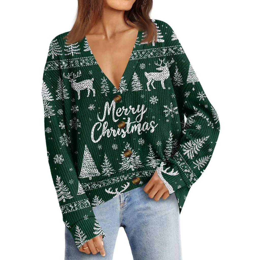 Women's Fashion Long Sleeve Christmas Print V-Neck Button Loose Cardigan Top