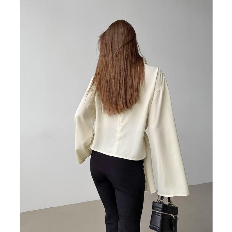 French Style Stand Collar Chiffon Flared Sleeve Pleated Split Shirt