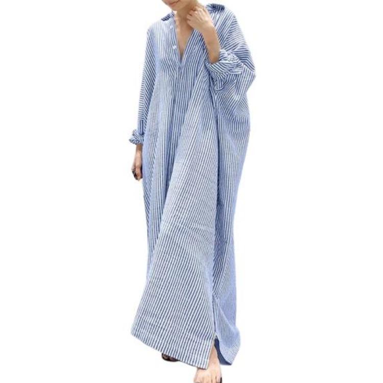 Summer Banquet Striped Shirt Dress Loose Fit Long Single Breasted S небесно-голубой