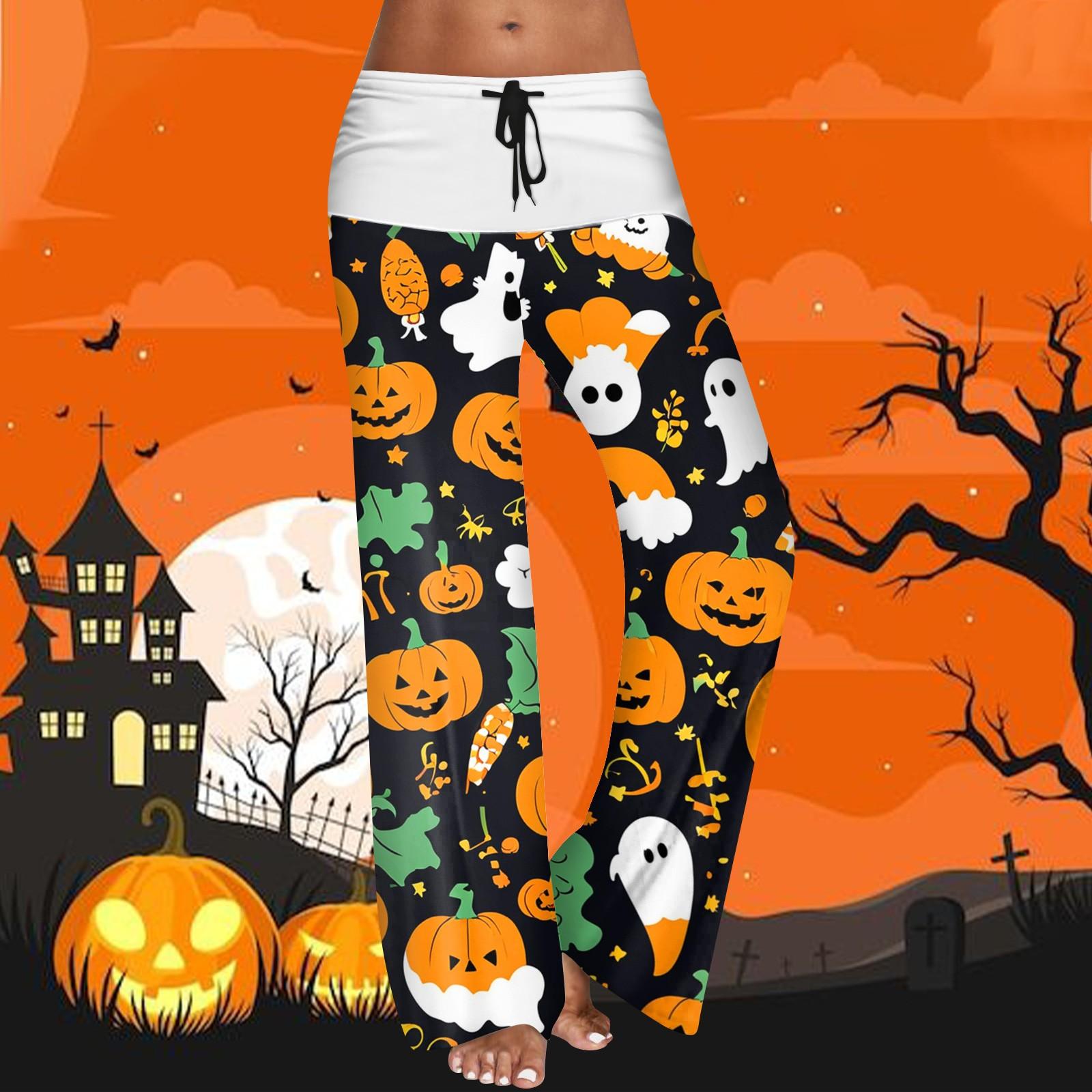 

Women s Drawstring Elastic Waistband Wide Leg Color Matching Halloween Printed Casual Pants M шафрановий