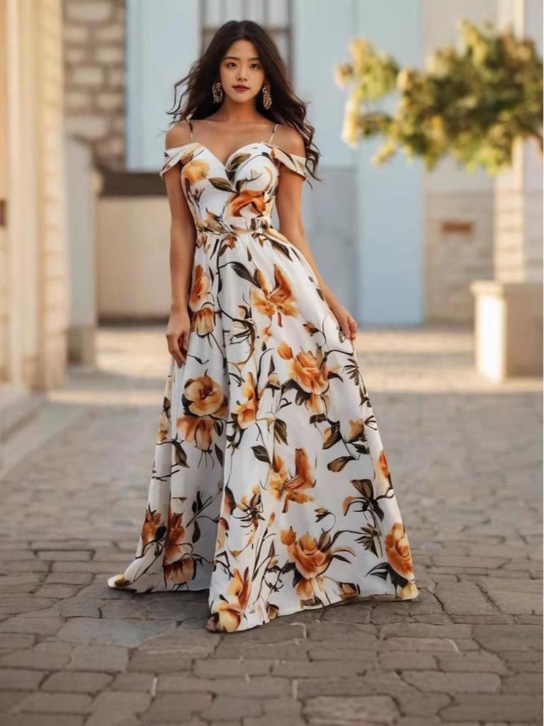 Elegantes florales lässiges langes Kleid mit V-Ausschnitt für Damen