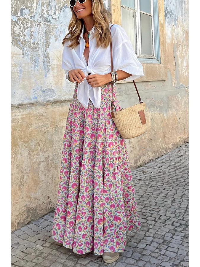 2023 Summer European & American Casual Women's Printed Long Dress with Elastic Waist for Vacations