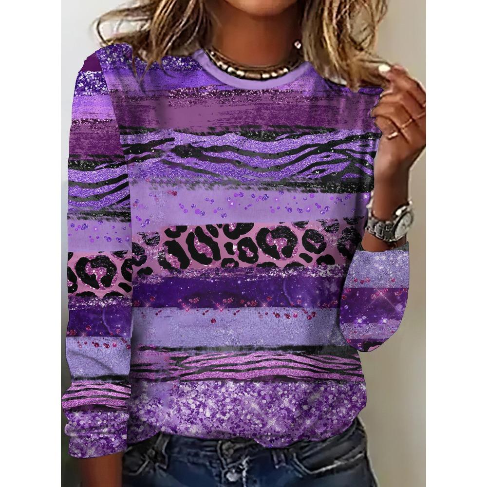 Women's T-Shirt Casual Long Sleeve Stripe Pattern Print Crew Neck Female Oversized Clothing Outdoor Vintage T Shirts