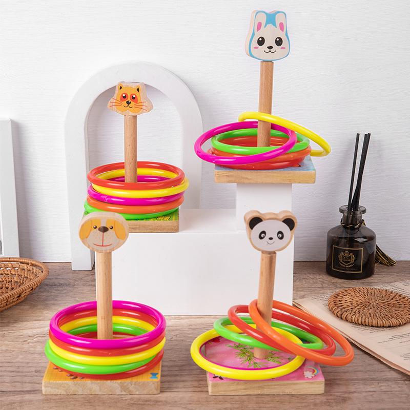 

Wooden Rainbow Animal Ring Toss & Stacking Tower - Montessori Educational Toy for Kids