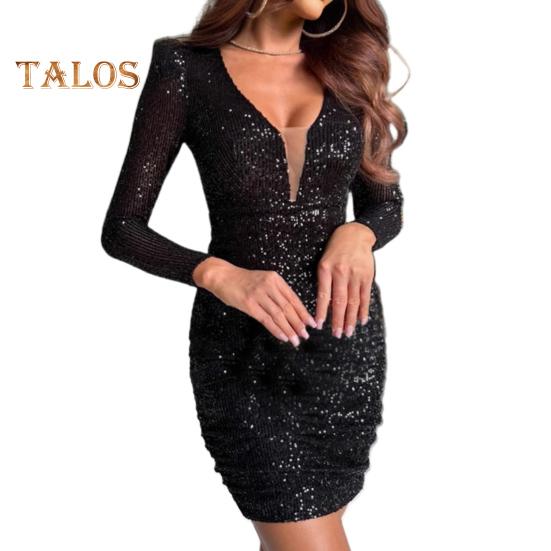 

Платье для леди-клуба с V-образным вырезом, пайетками и длинным рукавом, эластичное облегающее платье в сеточку, лоскутное, для знаменитостей, банкета, выпускного вечера, коктейльной вечеринки, мини-платье S чёрный