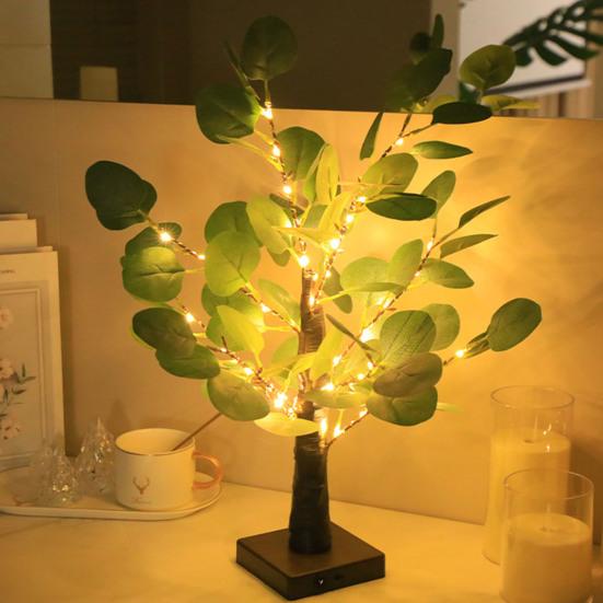55 LED Bead Eucalyptus Tree Table Lamp Artificial Potted Greenery Plant with Light Simulated Bonsai Night Light for Bedroom Living Room Office Decor