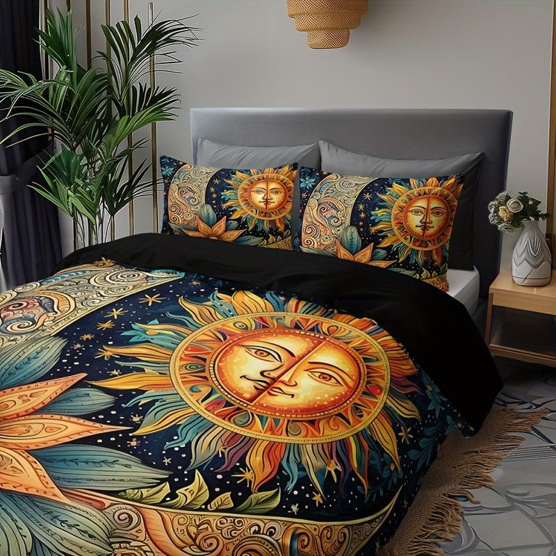 3pcs Duvet Cover Set, 1 Duvet + 2 Pillowcases (No Inserts), Home & College High-Definition Printed Sun Moon Floral Design
