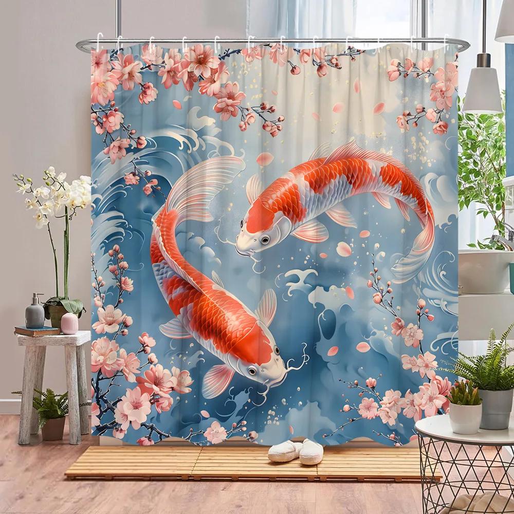 Koi Shower Curtain Asian Landscape Cherry Blossom Plant Pond Lotus Leaf Ink Painting Art Polyester Fabric Bathroom Decor Curtain