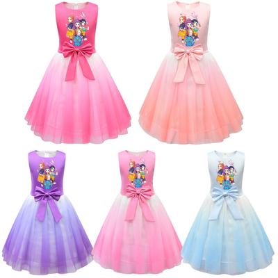 Kids Girls Princess K-POP Rumi Zoey Mira Print Bow Sleeveless Mesh Tutu Dress