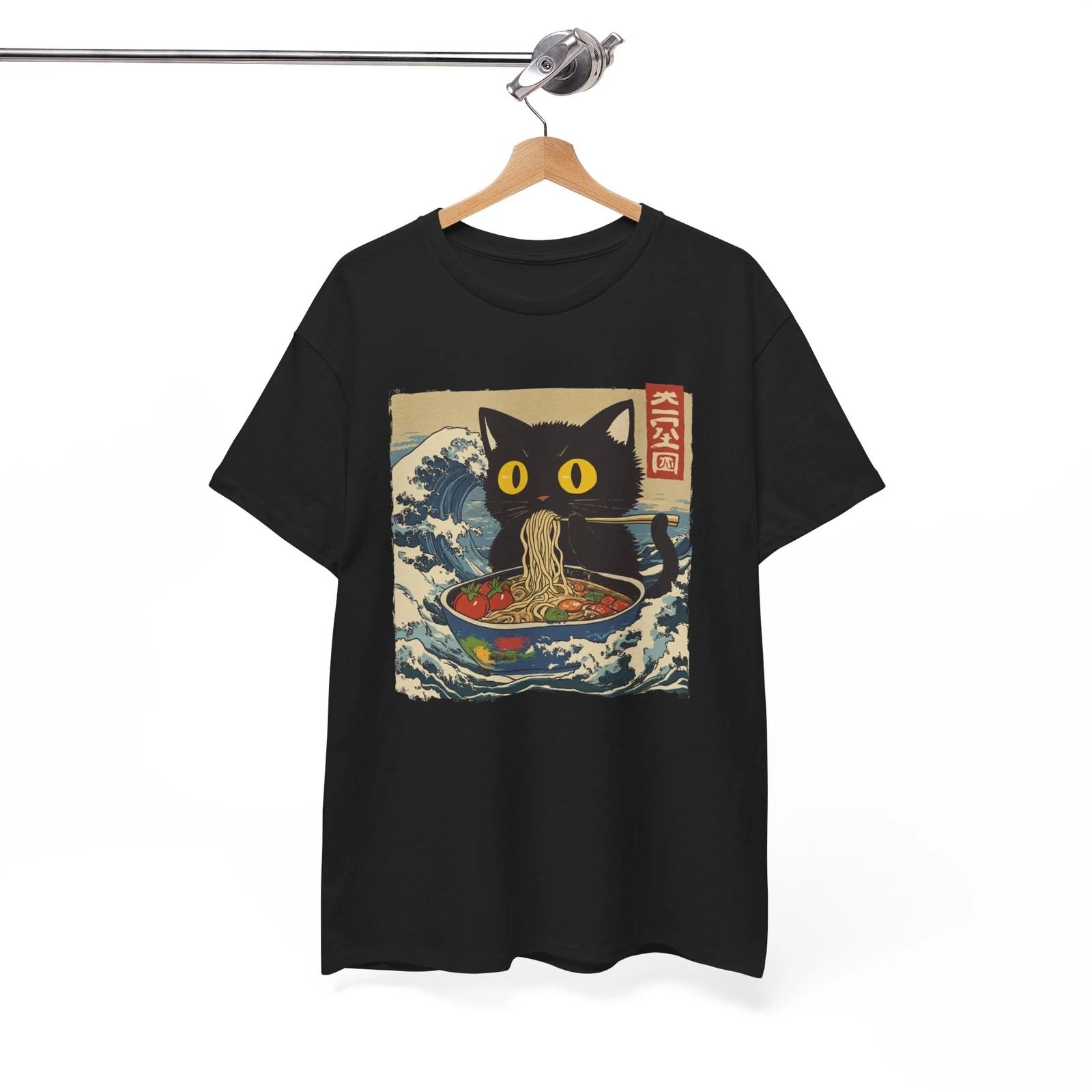 Ramen Lover T-Shirt | Japanese Black Cat Eats Ramen Shirt XL