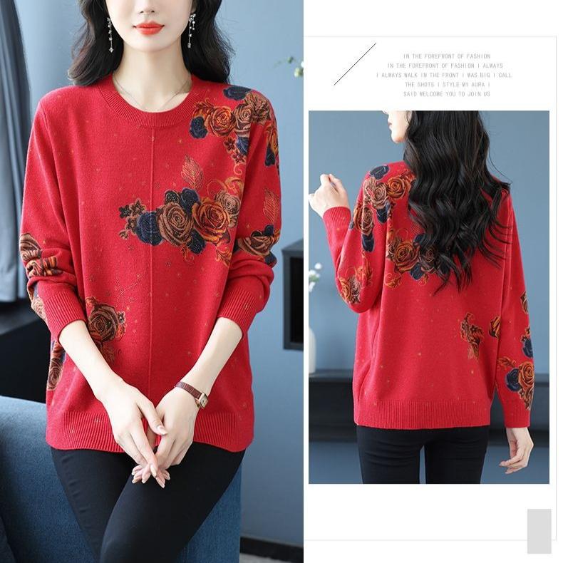 Women's Printed Wool Sweater Loose-Fit Crew Neck Plus-Size Sweater Autumn and Winter Warm Soft Stretchy Knit Top