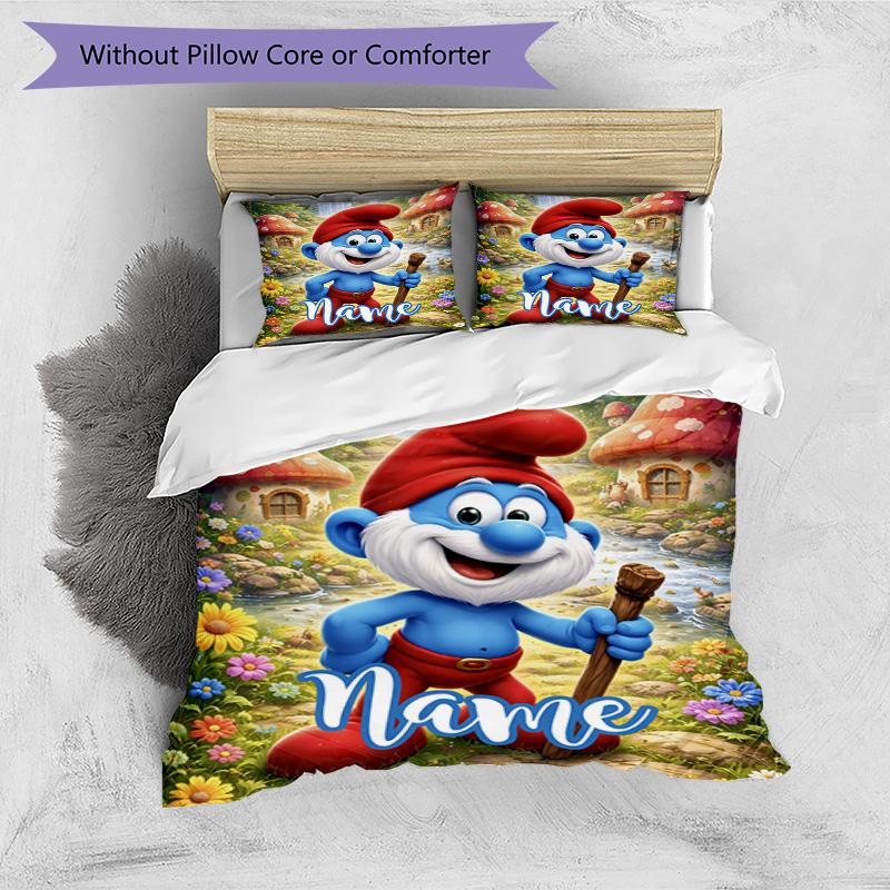 3pcs Duvet Cover Set (1*Duvet Cover + 2*Pillowcase, Without Core), Custom Name Blue Smurfs Pattern Bedding Set, Home Bedroom Decor Gift