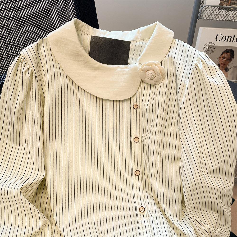 Spring Autumn French Striped Long Sleeve Shirt with Floral Pattern for Women