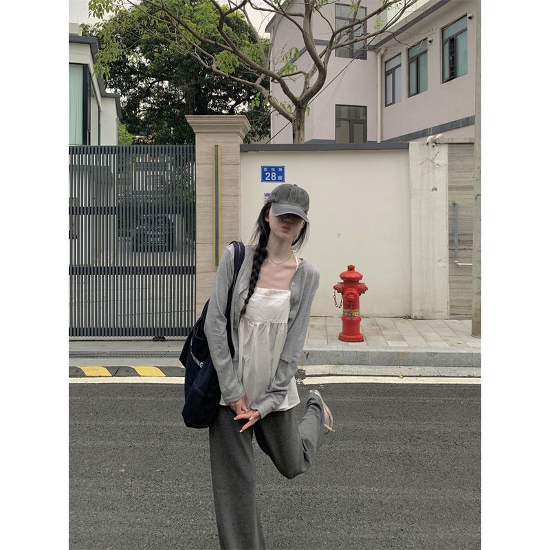 

Kumikumi Design Gray Thin Section Cardigan Outerwear Women clothes Autumn Inner wear Chic White Sling Two-piece Set Grey Cardigan L