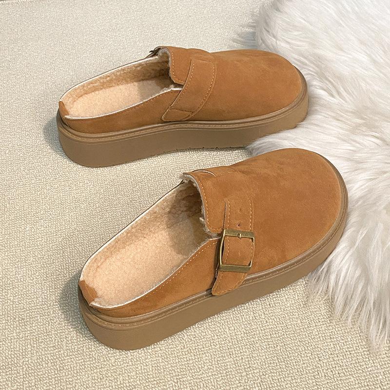 

Полушлепанцы на толстой подошве, уличная обувь с флисом и одной педалью, туфли Мюли увеличивают рост 2025 осень и зима Doudou bag head Mao Mao slippers 40 верблюд