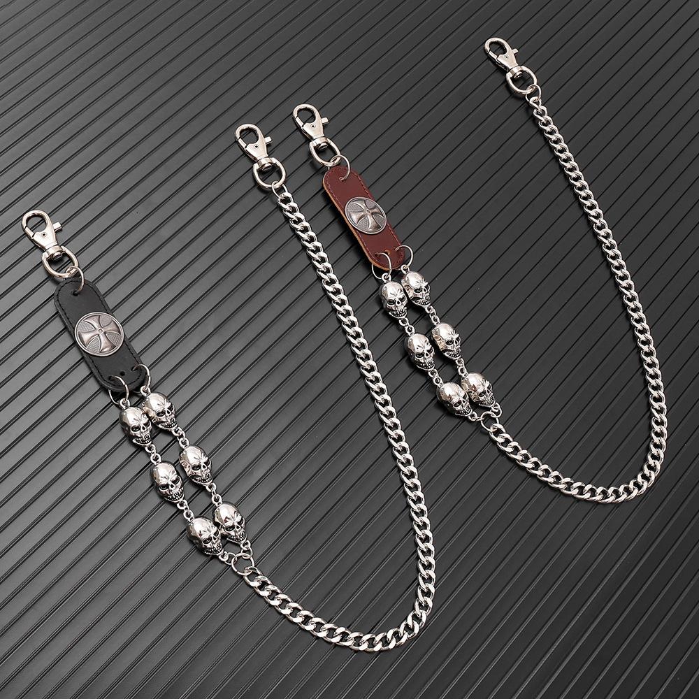 Metal Skull and Cross with Genuine Leather Pocket Chain Punk  Wallet Chain  Casual Fashion Body Jewelry Waist Chain