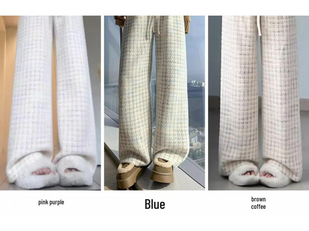 Petite Houndstooth Wide-Leg Pants: Women's Autumn Winter High-Waist Slimming Plaid Knit In Mink, Size XS.