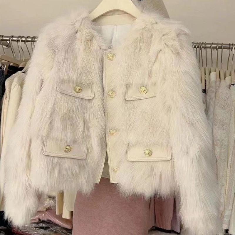 Women's Eco-friendly Round Neck Fox Fur Coat - Slim, Plush, Short, Thickened Korean Style (2025 Autumn/Spring)