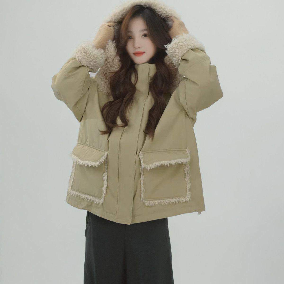 Women s 2025 Winter Lambswool Hooded Patchwork Cotton Parka - Loose, Thick, and Warm M 90-115 абрикосовый