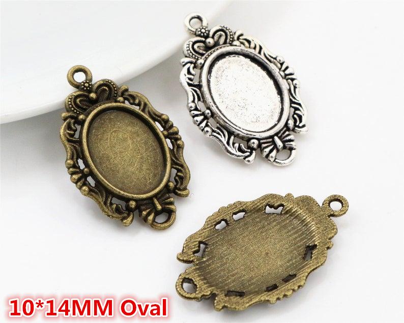 20pcs 10x14mm Inner Size Antique Silver Plated Bronze Classic Flower Style Cameo Cabochon Base Setting Pendant Necklace Findings