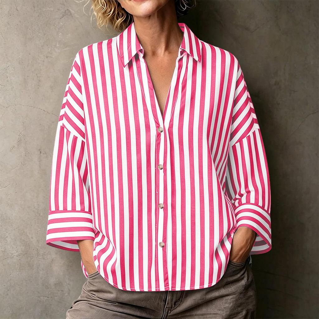 Women's Striped Lapel Button Down Long Sleeve Blouse Loose Fit for Work