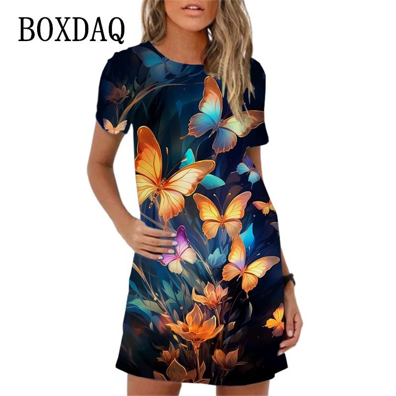 Elegant Butterfly Print Party Dress For Women Short Sleeve O-Neck Loose Casual A-Line Dress New  Spring Summer Ladies Dress