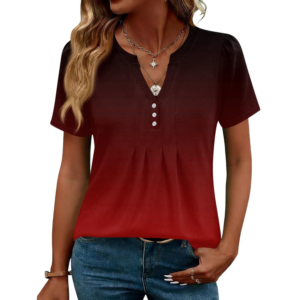 Damskie Góry Eleganckie Codzienne Koszule z Dekoltem V Krótkim Rękawem Plisowane Bluzki Tuniki zapinane na guziki