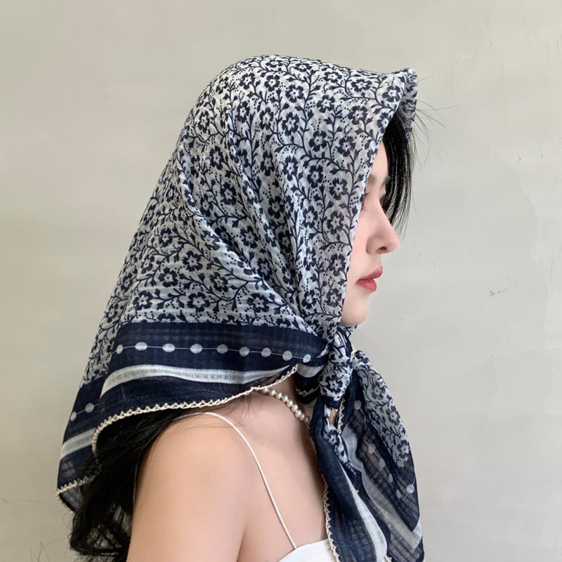 Floral cotton-linen large square scarf, silk scarf women's strapless scarf, sun-protection headscarf, vintage high-end style INS shawl, 91x91