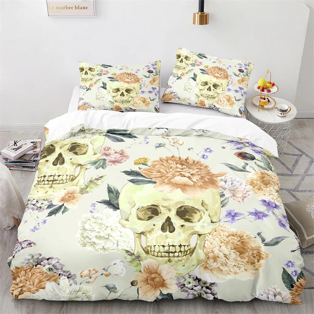 Sugar Skull King Queen Duvet Cover Gothic Skeleton Bones Floral Bedding Set Day Of The Dead Theme 2/3Pcs Polyester Quilt Cover